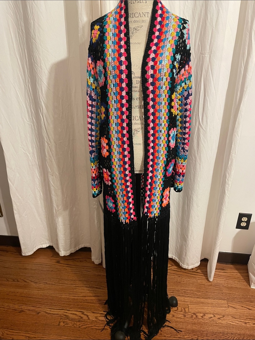 Boho Crochet Duster coat w/ long Fringe.  Open-Front Long - Black w/ Multicolo